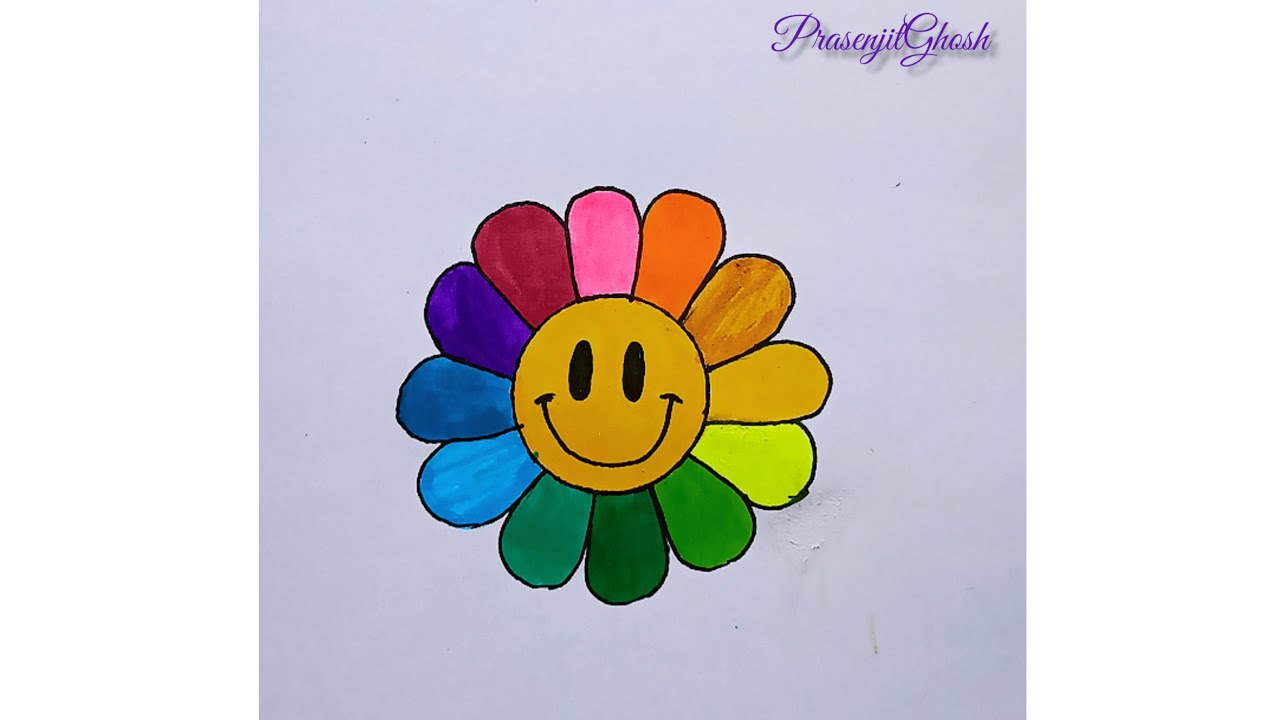 How to draw a Rainbow Flower Drawing inside smiley face easy for beginners  step by step #Shorts 