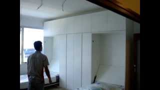 HiddenBed Concept&Design,HiddenWallBed,Wall bed,SuperSingle-HWB-V1080X2+WardrobeX2+TopCabinets