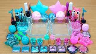 MINT vs PINK SLIME Mixing makeup and glitter into Clear Slime Satisfying Slime Videos