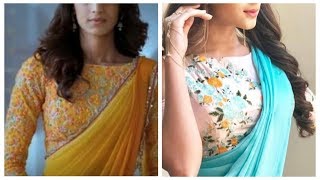 Plain saree with floral print blouse,printed blouse with plain saree,heavy blouse simple saree