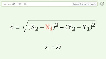 Find the distance between two points p1 (27,-41) and p2 (3,-68): Step-by-Step Video Solution