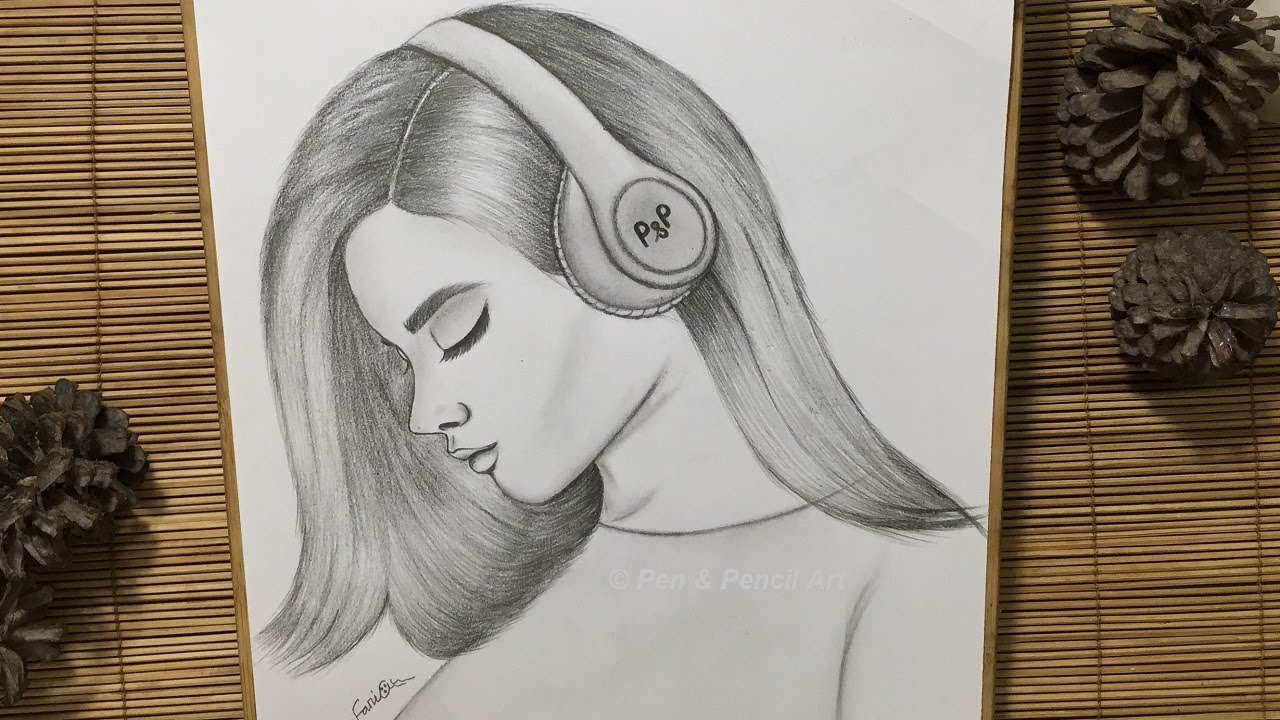 Girl With Headphones Drawing