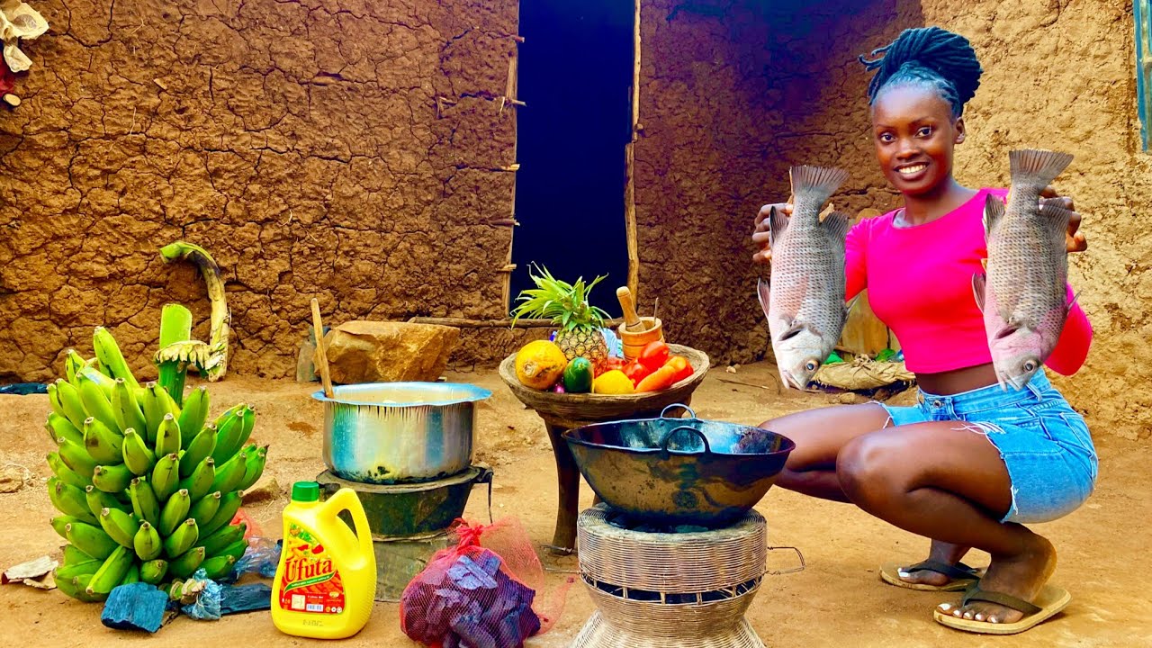 I Cooked Delicious & Organic Western Plantains With Fish Stew 😋 // Village Cooking Style 
