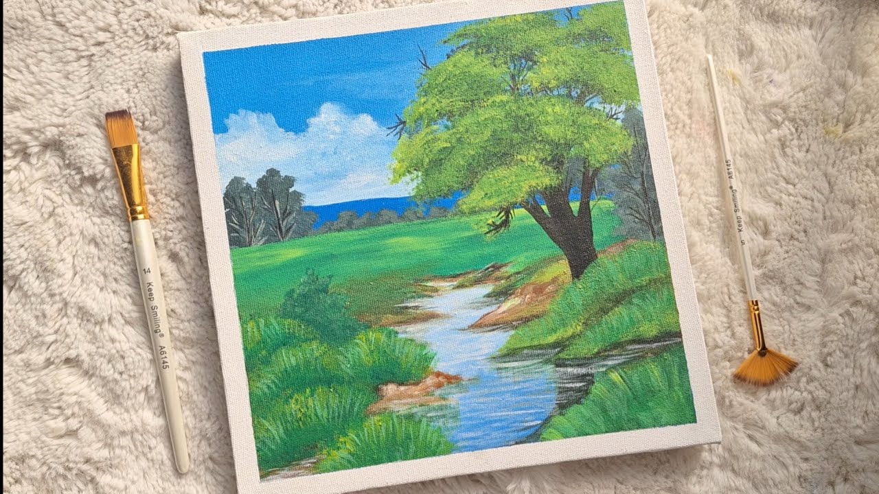 How to paint easy landscape scenery on canvas/Acrylic painting idea for ...