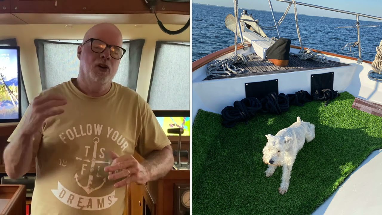 Pet Friendly Trawler getting our dog to go potty on the deck and Life aboard trawler boat living