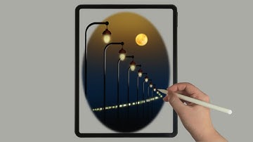 Street Lamp Post at Night Under the Moon iPad Procreate Drawing - Digital Illustration