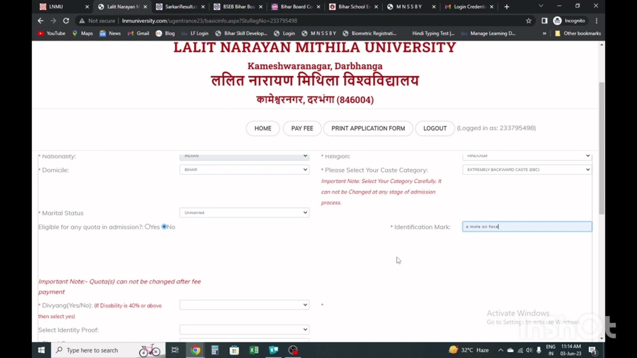 LNMU BA part 1 online admission 2023