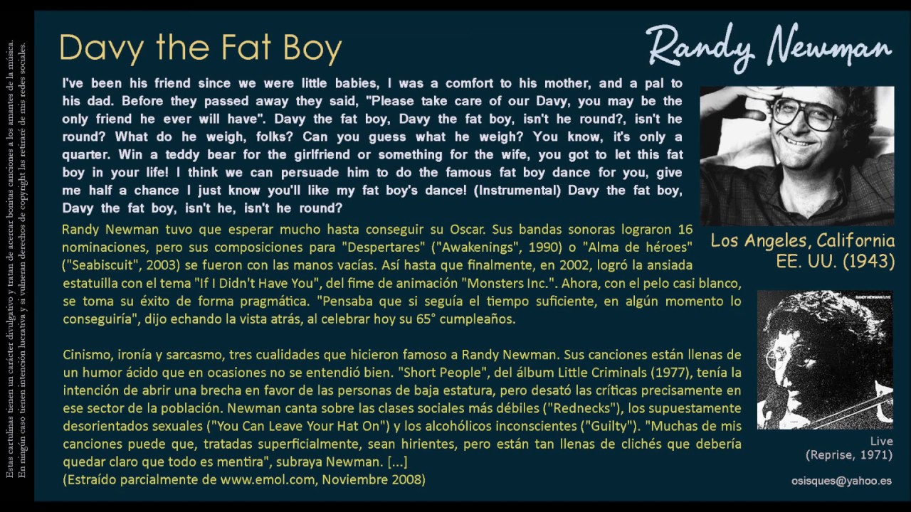 Davy The Fat Boy (Randy Newman) - Randy Newman - YouTube