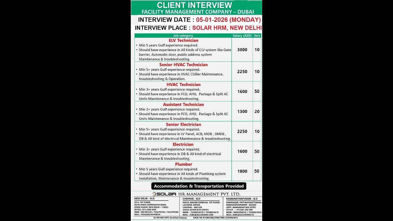 Dubai Facility Management Jobs | Client Interview in New Delhi | HVAC, Electrician, Plumber & more