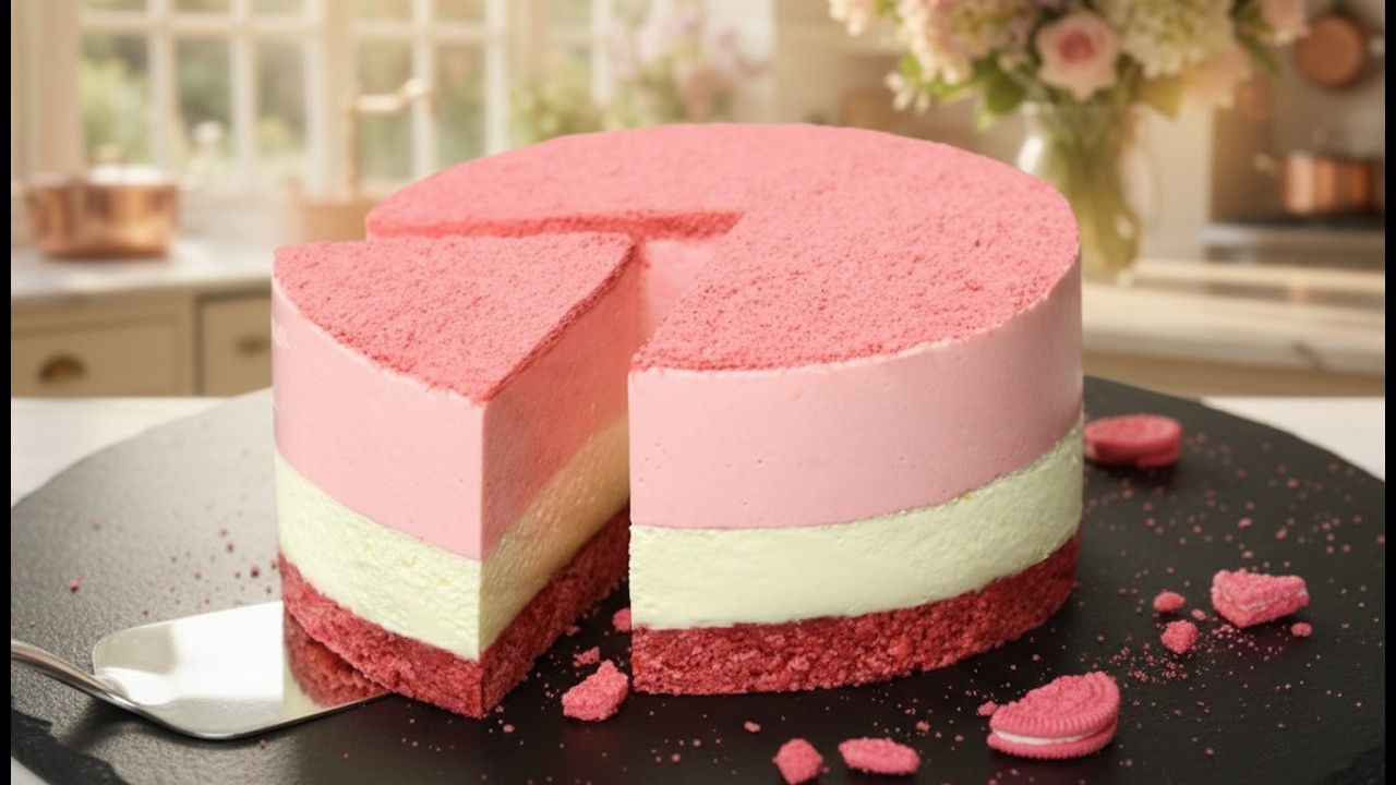 Pink Oreo cheesecake. No bake, no eggs.