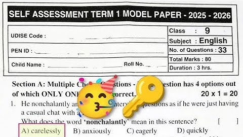 💯9th class English self assessment term 1 examination real question paper with answers key sheet 