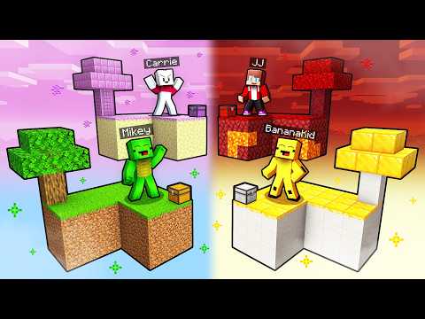DIFFERENT DIMENSIONS Skyblock Battle: Banana Kid vs JJ vs Mikey vs Carrie in Minecraft - Maizen