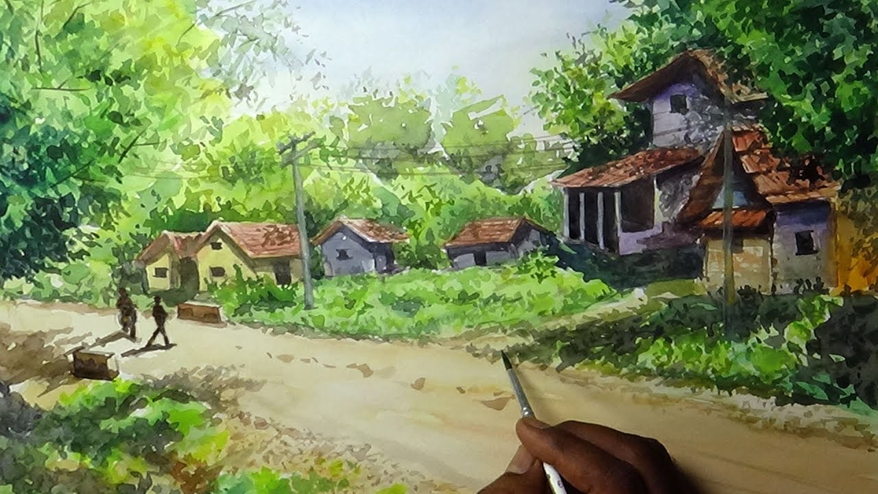 Landscape watercolor painting | Beautiful village ...