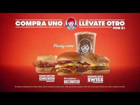 Disfruta un desayuno bien hecho - Ahora, con la compra de un Breakfast Baconator, un Honey Butter Chicken Biscuit, un Sausage Egg & Swiss Croissant o un Frostyccino, puedes llevarte el segundo p