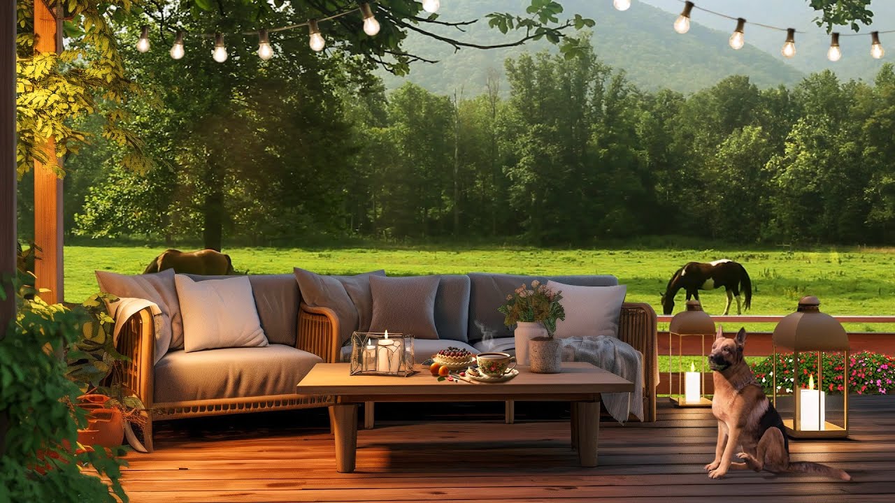 Cozy Porch Garden Ambience with Calm Piano Music, Beautiful Summer ...