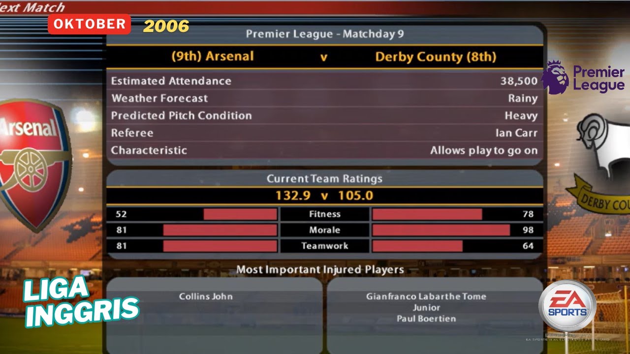 Premier League Arsenal vs Derby County (th.2006) di game Total Club Manager 2005