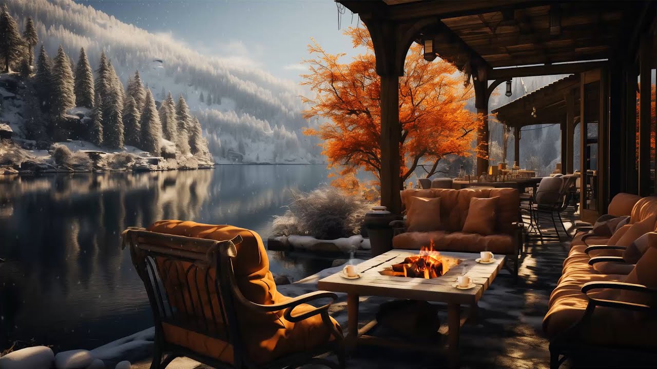 Cozy Winter Lakeside Porch with Smooth Jazz Instrumental & Crackling ...