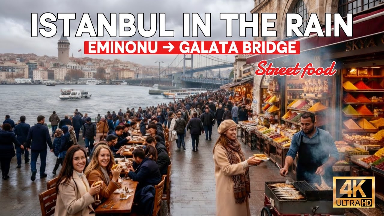 Пешеходная экскурсия по Стамбулу (Турция) в формате 4K | Дождливый день на рынке Эминёню и Галатс...