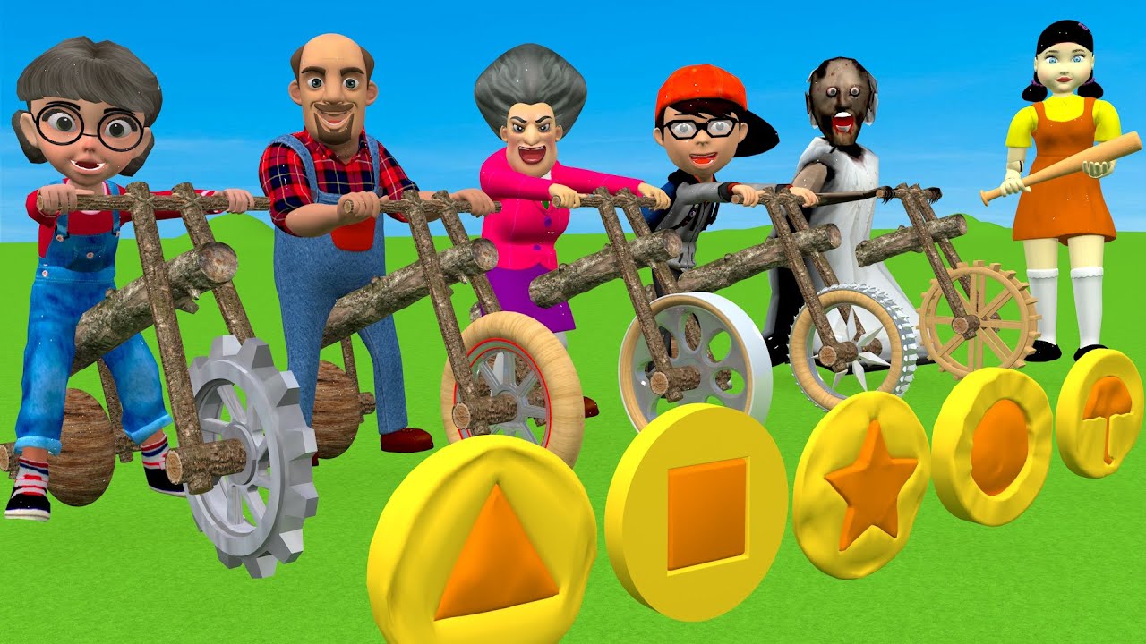 Scary Teacher 3D vs Squid Game Driving Wooden Bikes vs HoneyComb Candy Shapes 5 Times Challenge