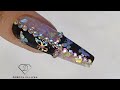 Coffin shape gel nails glitter encapsulation with butterfly transfer foil nail art