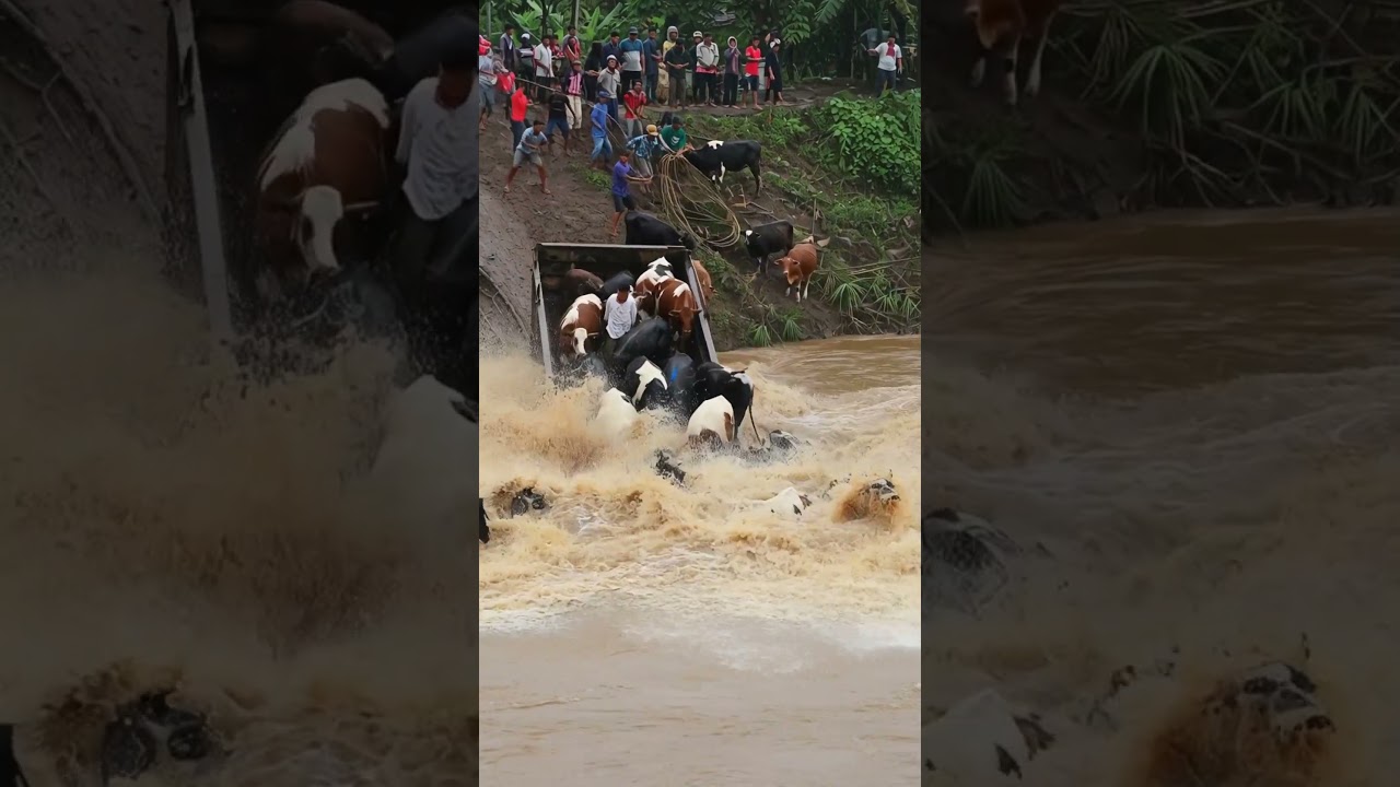 SAPI-SAPI TERPAKSA BERENANG! Truk Tergelincir ke Sungai Deras 😱🐄🌊