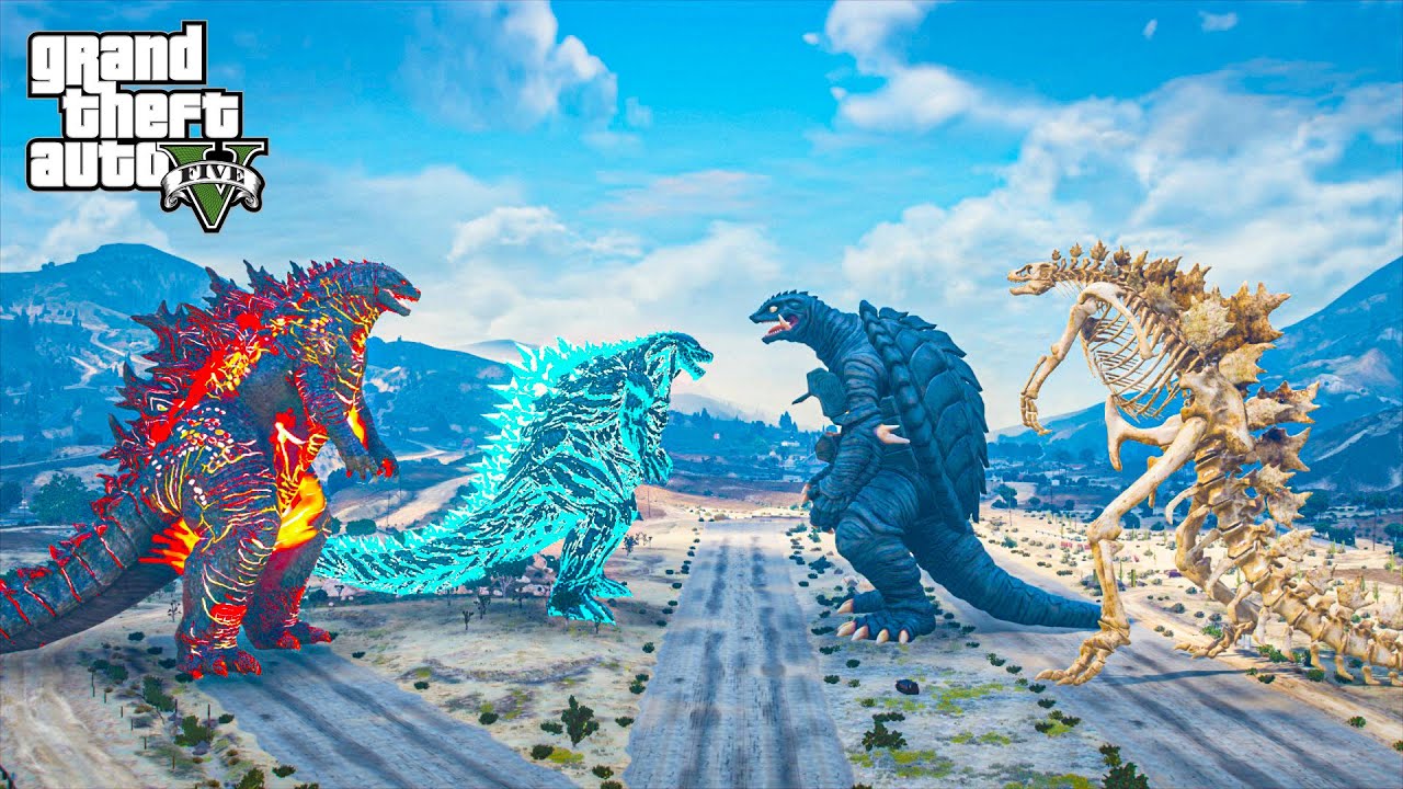 GTA 5 Mod - Thermo Godzilla 2024 and Godzilla Earth vs Skeleton Godzilla and Gamera