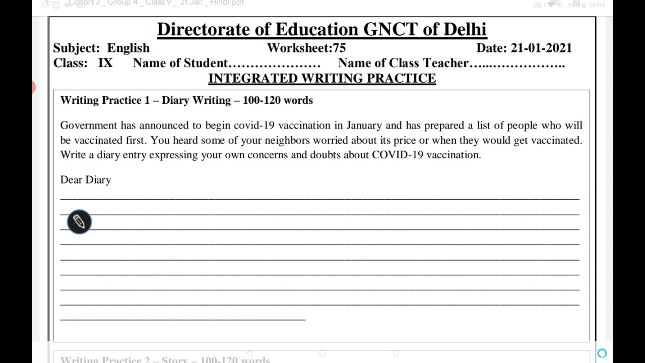 english worksheet no 75 class 9th date 21 1 2021 story writing diary entry