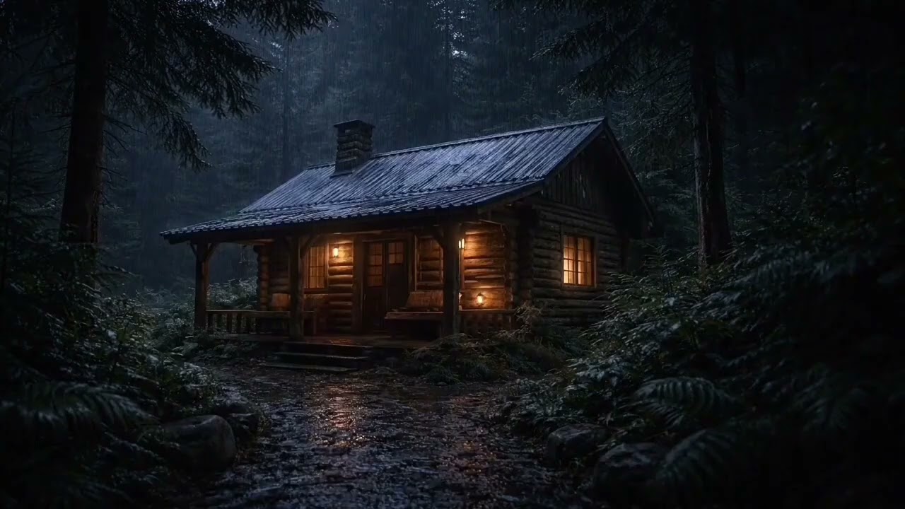 Rain on Forest Cabin at Night 🌧️ | Cozy Log Cabin Ambience | 4 Hours Sleep Sounds