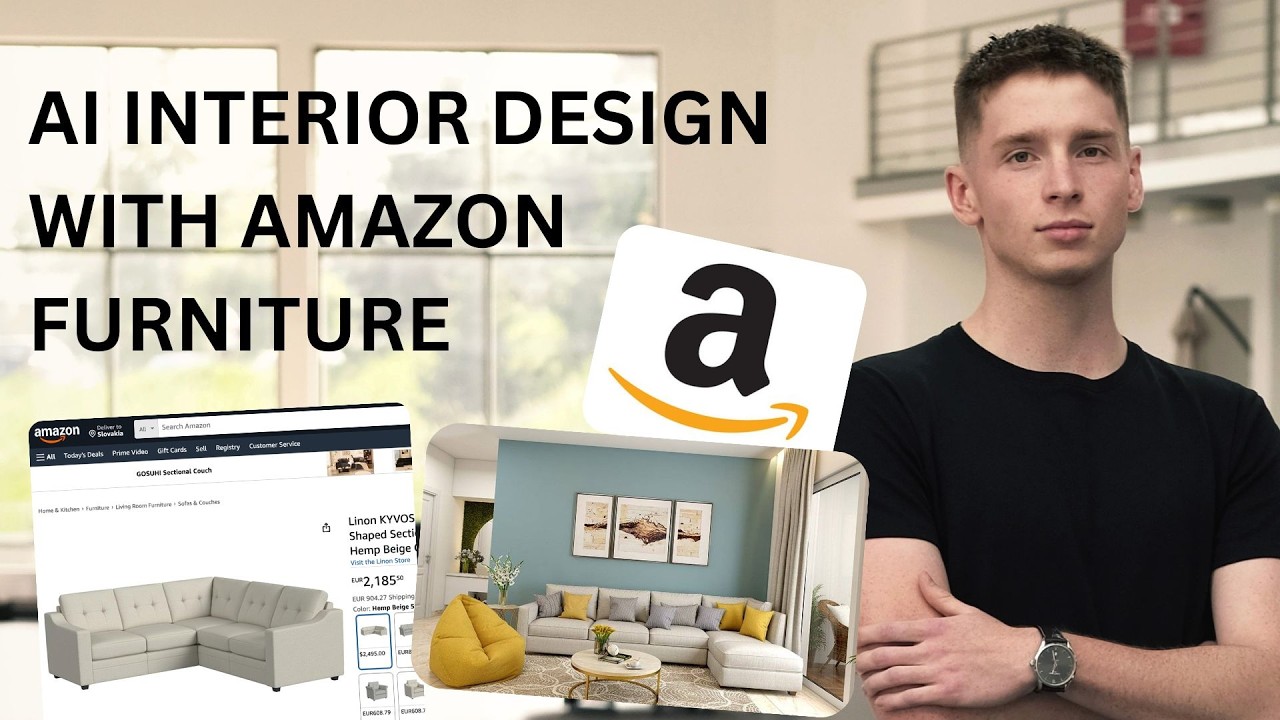 A living room designed with MeltFlex AI next to the Amazon listing and price for the sectional in it