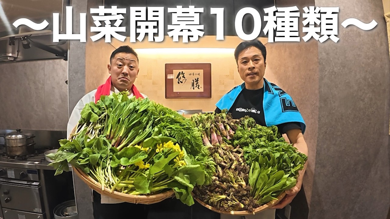 大量の山菜と仕込み放棄する料理人