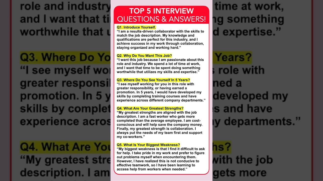 TOP 5 INTERVIEW QUESTIONS ANSWERS How To ANSWER COMMON Jobinterview