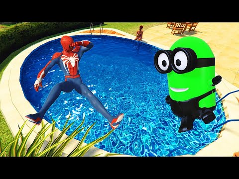 GTA 5 Spiderman & Rainbow Minions Pool Parkour (Compilation)