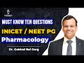 Must Know 10 Questions Pharmacology INICET/NEET PG | Dr. Gobind Rai Garg