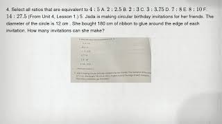 4. Select all ratios that are equivalent to 4:5 A. 2:2.5 B. 2:3 C. 3:3.75 D. 7:8 E. 8:10 F. 14:27.5
