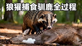 狼獾吃驯鹿野生动物世界保护野生动物雪景爱护大自然保护野生动物科普