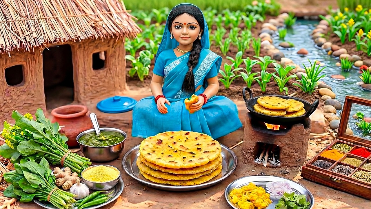 🌽🥬 Miniature Doll Makki Di Roti & Sarson Ka Saag Cooking ASMR | Indian Village Tiny Kitchen Story