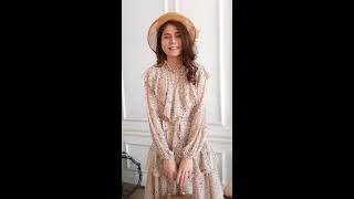 Delicate Ruffled and layered dress with sash to tie at the waist - Beige Floral Delicate Ruffled and layered dress with sash to tie at the waist - Beige Floral