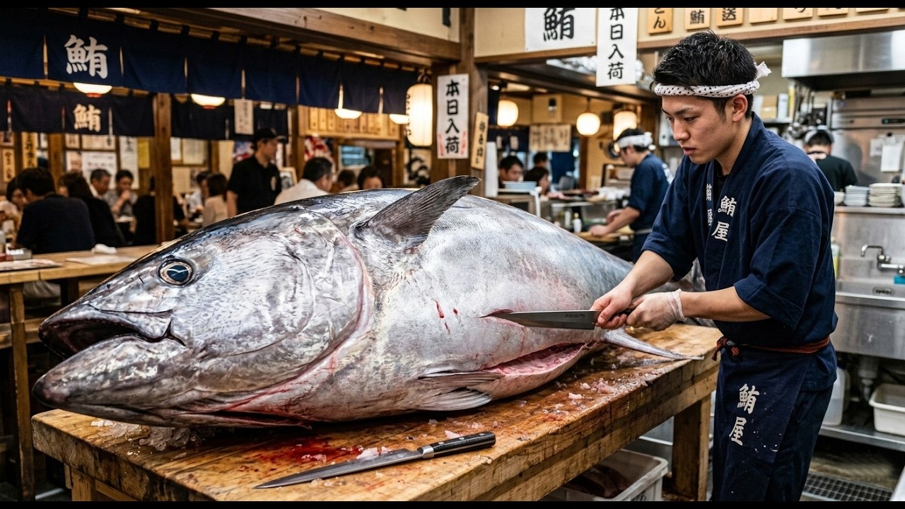 Perfect otoro cut from giant bluefin tuna | ultimate sushi slicing skills