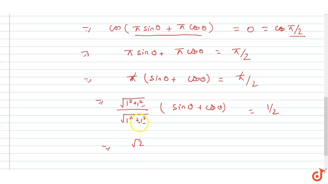 If Tan Pi Cos Theta Cot Pi Sin Theta Then Prove Cos Theta Pi 4 1 2 Sqrt2 Youtube