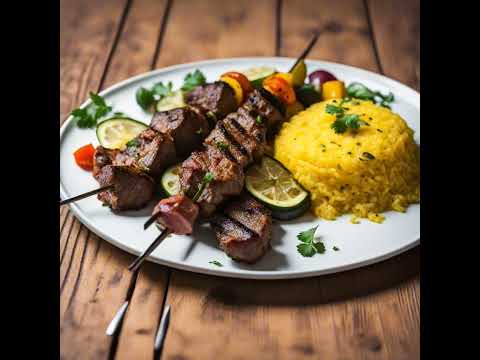 Кебаб из говядины по-персидски с шафрановым рисом и овощами на гриле