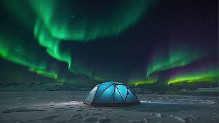 2 Hour: Snowy Tent Camping Under The Northern Lights with Soft Electronic Music (Ambience Video)