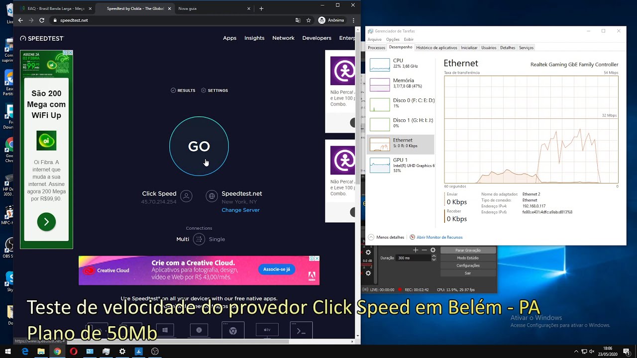 TESTE DA INTERNET CLICK SPEED 50 MEGA BELÉM PARÁ 