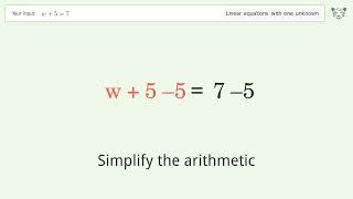 Linear equation with one unknown: Solve w+5=7 step-by-step solution