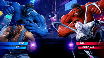 Blue Hulk & Ryu vs Red Hulk & Spiderman (Very Hard) - Marvel vs Capcom | 4K UHD Gameplay