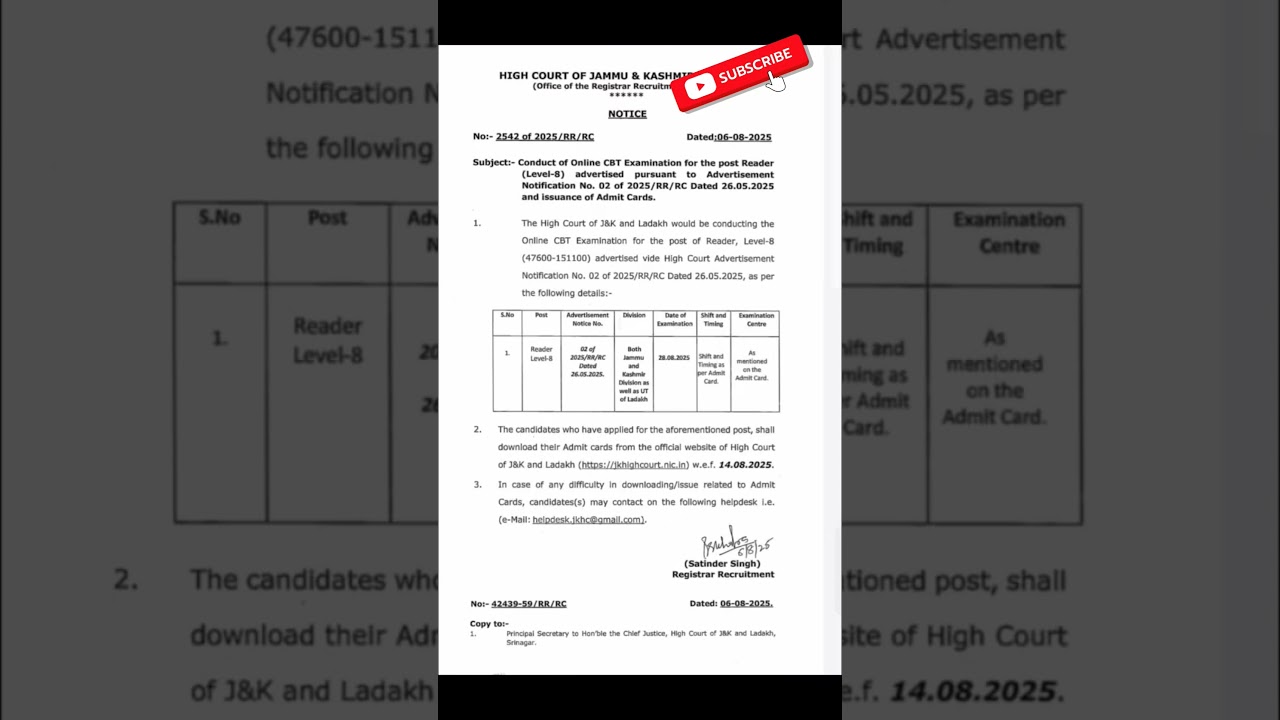 J&K High Court Big Update| Posts : Reader •| J&K Jobs | 