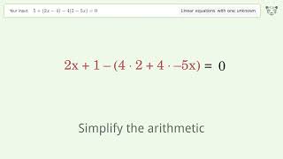 Linear equation with one unknown: Solve 5+(2x-4)-4(2-5x)=0 step-by-step solution