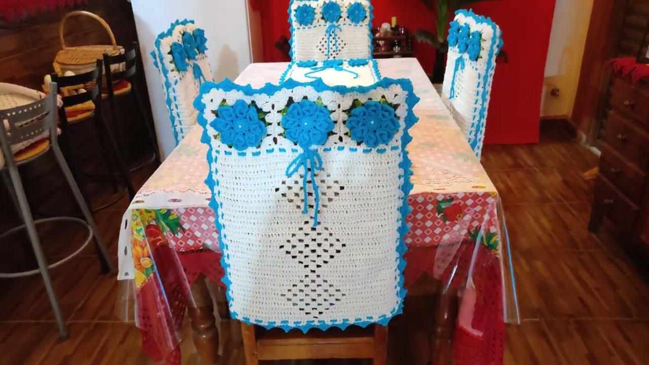JOGO CAMINHO DE MESA E ENCOSTOS  PARA CADEIRAS, EM CROCHÊ  COMPLETO AZUL TURQUESA /E FICOU LUXO 😍😍