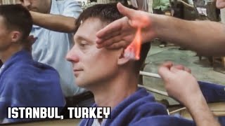 The Turkish Istanbul Grand Bazaar Barber Shop Haircut with Threading, Face Massage, \& Hair Singeing