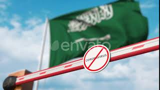 Closed Gate with STOP CORONAVIRUS Sign on Saudi Arabian Flag Background | Motion Graphics - Vide... screenshot 1