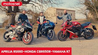 Comparativo Aprilia RS660 vs Honda CBR650R vs Yamaha R7 motos.net / ¿cambio generacional?
